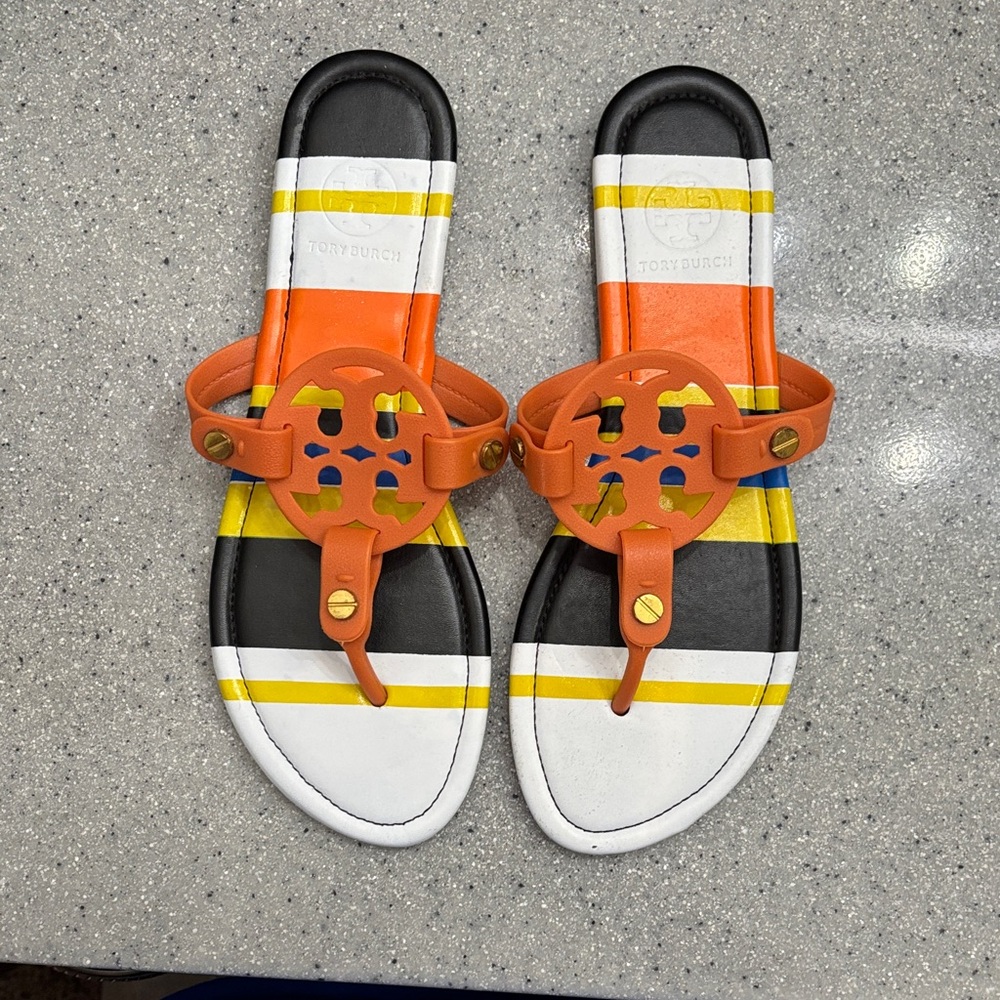 Tory Burch Orange and Yellow Striped Sandals